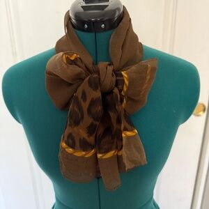 Vintage Anne Klein 100% Silk Leopard‎ Print Rectangular Scarf 15x57 Brown Gold